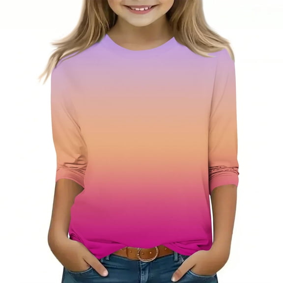 Luxalzxs 3/4 Length Sleeve Girls Gradient Print Shirts Summer Cute Tees Basic Crewneck Blouse Preppy Tunic Tops for Teen Girls 3-12 Years