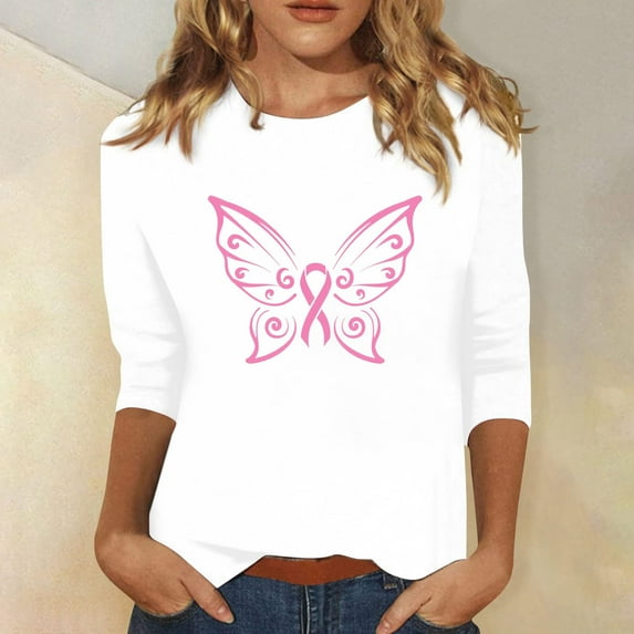 Luxalzxs 3/4 Length Sleeve Womens Tops Breast Cancer Awareness Pink Ribbon Shirts Casual Butterfly Print Crew Neck Loose Fit Blouses