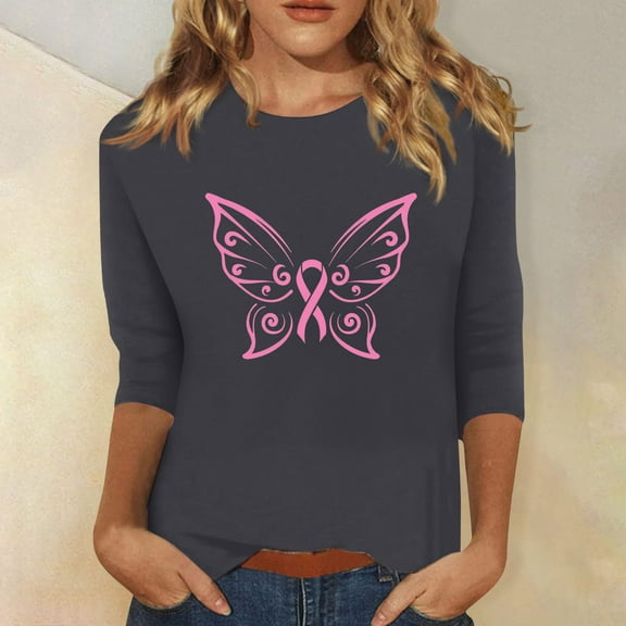 Luxalzxs 3/4 Length Sleeve Womens Tops Breast Cancer Awareness Pink Ribbon Shirts Casual Butterfly Print Crew Neck Loose Fit Blouses