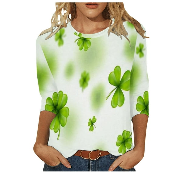 Luxalzxs 3/4 Length Sleeve Womens Tops Fashion Print T-Shirt Blouse Plus Size Round Neck Casual St Patricks Day Outfits
