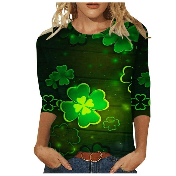 Luxalzxs 3/4 Length Sleeve Womens Tops Fashion Print T-Shirt Blouse Plus Size Round Neck Casual St Patricks Day Outfits