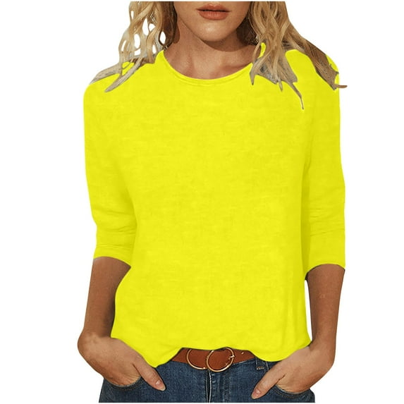 Luxalzxs 3/4 Length Sleeve Womens Tops Fashion Solid Color Loose T-Shirt Blouse Round Neck Casual Tunic Tops