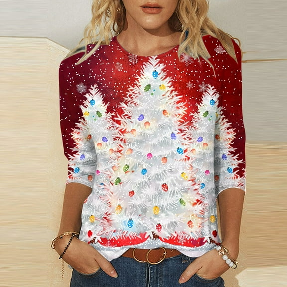 Luxalzxs 3/4 Length Sleeve Womens Tops Merry Christmas Crewneck Holiday Shirts Xmas Tree Tops Xmas Gifts