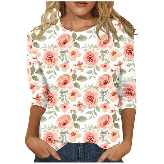 Luxalzxs 3/4 Length Sleeve Womens Tops Summer Fashion Round Neck Loose Casual Blouses Floral Print Pullover T-Shirts Tops