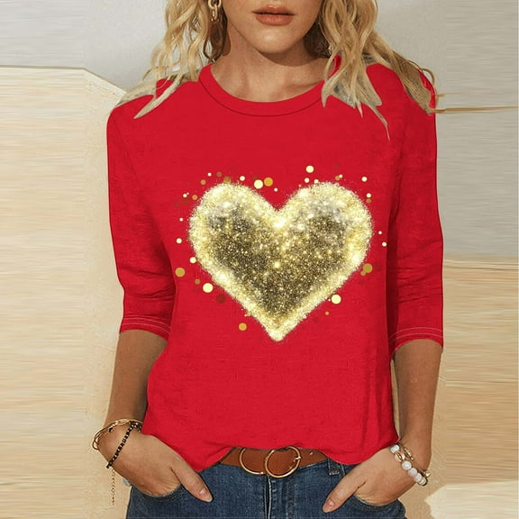 Luxalzxs 3/4 Length Sleeve Womens Tops Valentine's Day Heart Print Top Blouse Fashion Loose Fit Round Neck Casual Red Tops