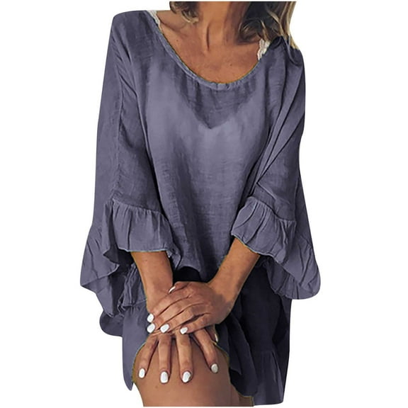 Luxalzxs 3/4 Sleeve Cover Up Dress for Women Solid Color Round Neck Ruffle Sleeve Beach Dress Bathing Suit Cover Up Swimsuit Coverup