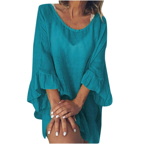 Luxalzxs 3/4 Sleeve Cover Up Dress for Women Solid Color Round Neck Ruffle Sleeve Beach Dress Bathing Suit Cover Up Swimsuit Coverup