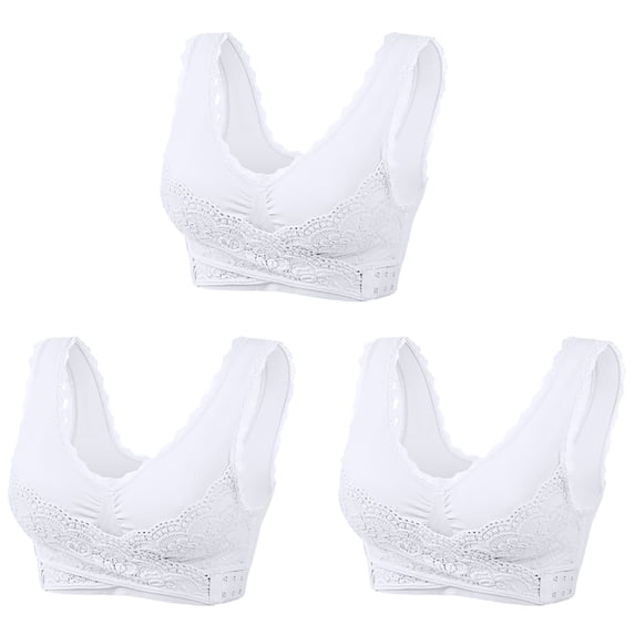 Luxalzxs 3 Pcs Bras for Women No Underwire Plus Size Wireless Bras with Support and Lift Gather Breathable Front Cross Lace Underwear Bra