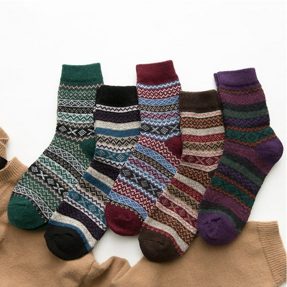 Luxalzxs 5 Pairs Wool Socks for Women Vintage Christmas Socks Winter Soft Warm Cold Knit Crew Socks