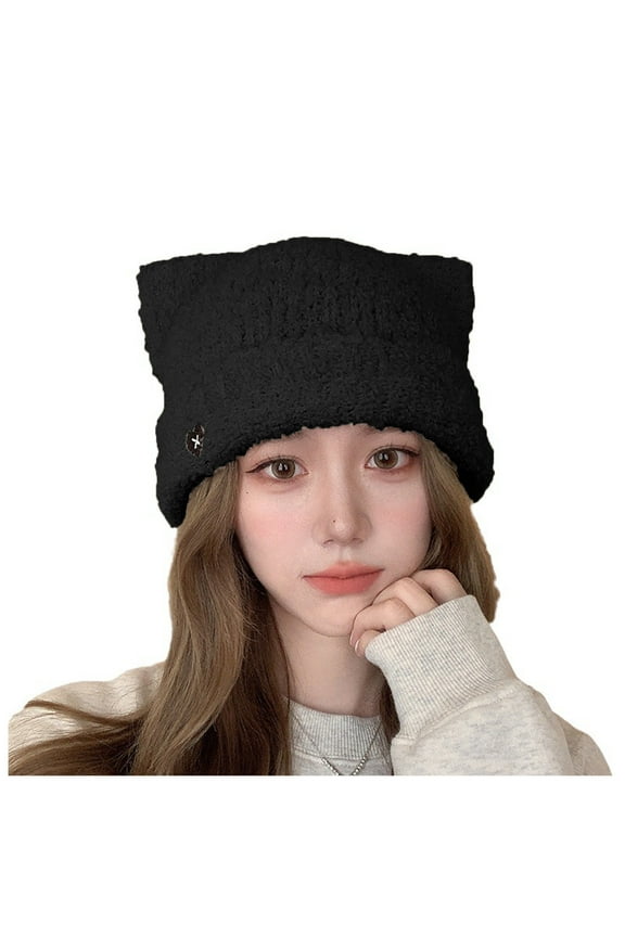 Luxalzxs Autumn and Winter Cute Cat Ears Plush Hat for Women, Warm Ear Protection Beanie Hat, Thickened Knitted Hat