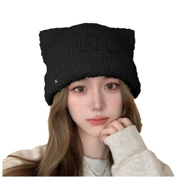 Luxalzxs Autumn and Winter Cute Cat Ears Plush Hat for Women, Warm Ear Protection Beanie Hat, Thickened Knitted Hat