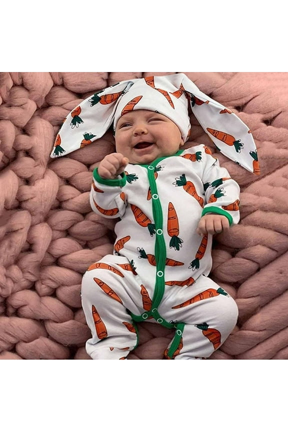 Luxalzxs Baby Boy Girls Easter Outfit Long Sleeve Carrot Print Bunny Romper Jumpsuit with Rabbit Ear Cap Infant Newborn Baby Pajamas Bodysuits Two-Piece Set
