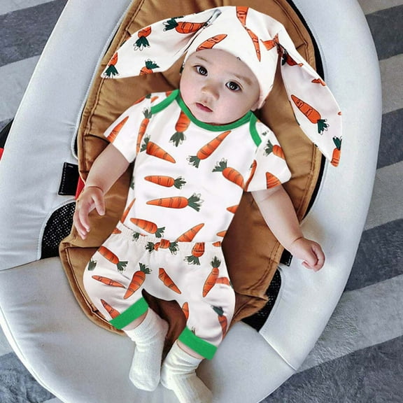 Luxalzxs Baby Boy Girls Easter Outfit Short Sleeve Carrot Print Bunny Romper Jumpsuit Pants with Ear Hat Three Piece Set Newborn Infant Toddler Pajamas Bodysuits Easter Baby Clothes