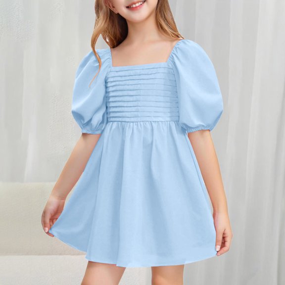 Luxalzxs Babydoll Mini Dress for Girl Summer Square Neck Puff Sleeve High Waist A-Line Smocked Dresses Toddler Baby Girl Solid Color Casual Boho Party Dress 3-14 Years