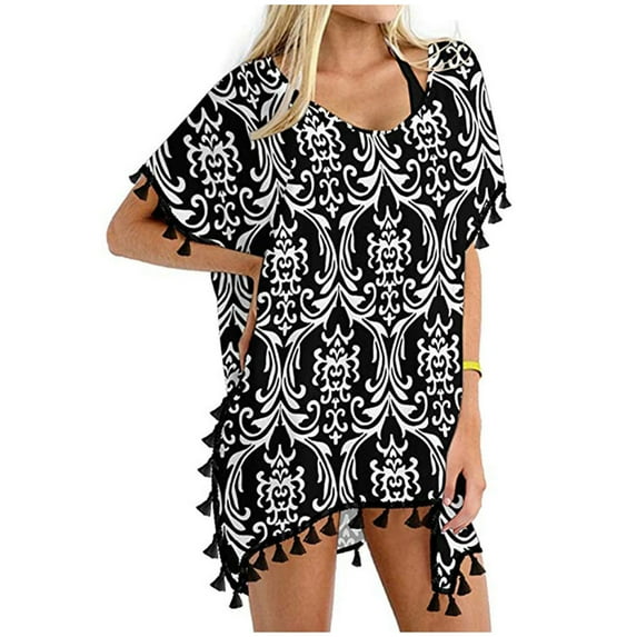 Luxalzxs Beach Cover Ups for Women Summer Trim Kaftan Chiffon Tassels Swimwear Beach Loose Bikini Cover Ups Tops
