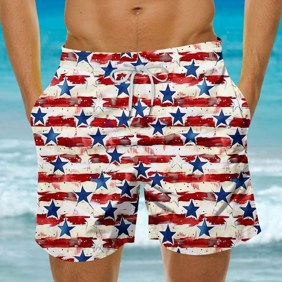 Luxalzxs Beach Shorts for Men Independence Day American Flag Print Swim Trunks Quick Dry Board Shorts Breathable Hawaii Swim Shorts