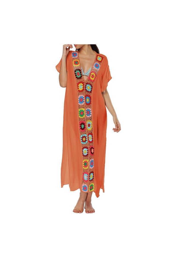 Luxalzxs Bikini Cover Up Dress for Women Sexy V-Neck Flowy Crochet Floral Patchwork Bathing Suit Cover Ups Long Dress Beach Kaftan Coverups