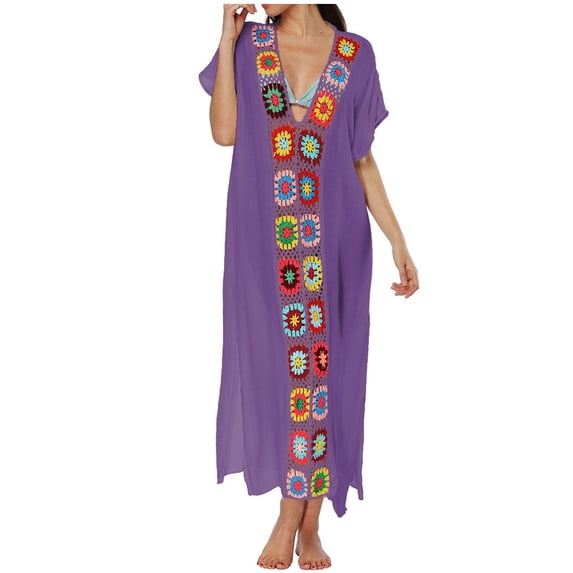 Luxalzxs Bikini Cover Up Dress for Women Sexy V-Neck Flowy Crochet Floral Patchwork Bathing Suit Cover Ups Long Dress Beach Kaftan Coverups