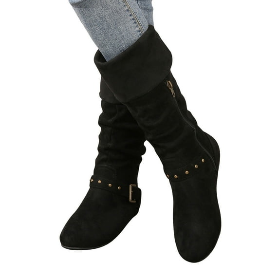 Luxalzxs Black Boots for Women Fashion Retro High Boots Thick Heel Belt Buckle Hot Girl Knight Boots