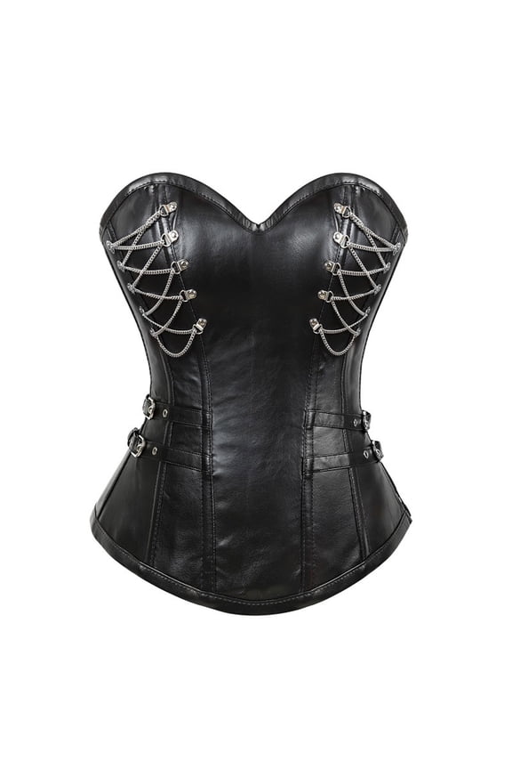 Luxalzxs Black Corset Top for Women Retro PU Leather Front Zipper Overbust Waist Cincher Bustier Bodyshaper Top Shapewear Gothic Bustier Corset with Chains