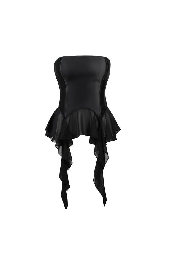 Luxalzxs Black Strapless Corset Top for Women Satin Overbust Corset Bandana Tube Tops Lace Up Boned Body Shaper Bustier Going Out Crop Top