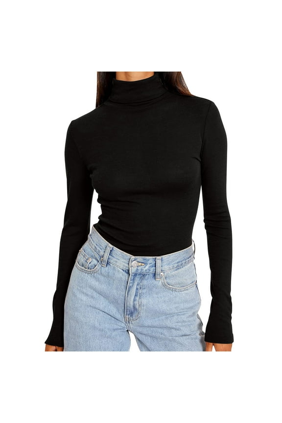 Black Turtleneck Womens Top Long Sleeve Slim Fitted Casual Solid Color Pullovers Tee Basic Tops