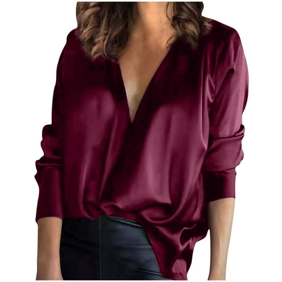 Luxalzxs Blouses for Women Dressy Casual Long Sleeve Satin Shirts Elegant V-Neck Loose Solid Color Commute Office Work Tops