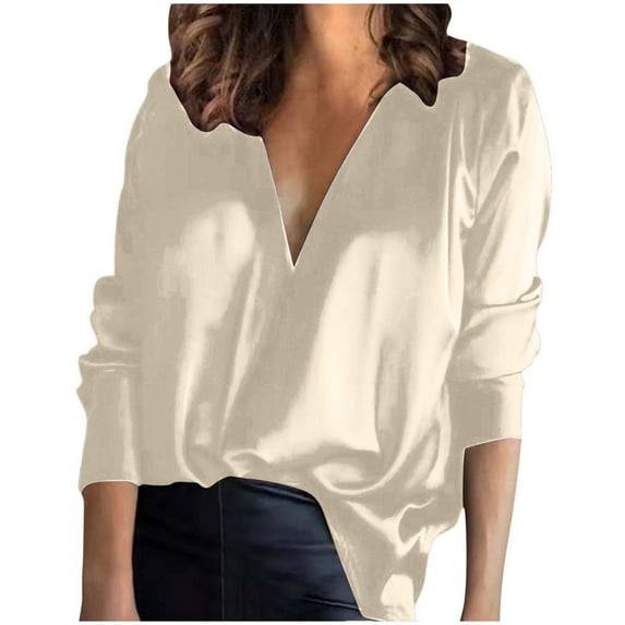 Luxalzxs Blouses for Women Dressy Casual Long Sleeve Satin Shirts Elegant V-Neck Loose Solid Color Commute Office Work Tops