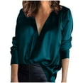 thumbnail image 1 of Luxalzxs Blouses for Women Dressy Casual Long Sleeve Satin Shirts Elegant V-Neck Loose Solid Color Commute Office Work Tops, 1 of 4