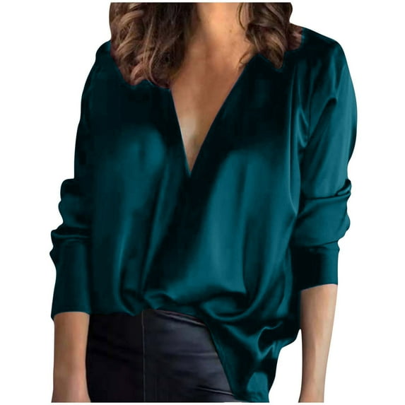 Luxalzxs Blouses for Women Dressy Casual Long Sleeve Satin Shirts Elegant V-Neck Loose Solid Color Commute Office Work Tops