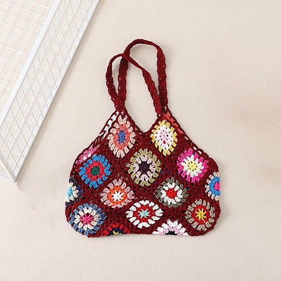 Luxalzxs Boho Bag Crochet Cute Multicolor Hollow Out Handbag Vintage Knitted Bag for Beach Shoulder Bags Knitted Tote Bag Woven Top Handle Purse Summer Vacation Beach Bag