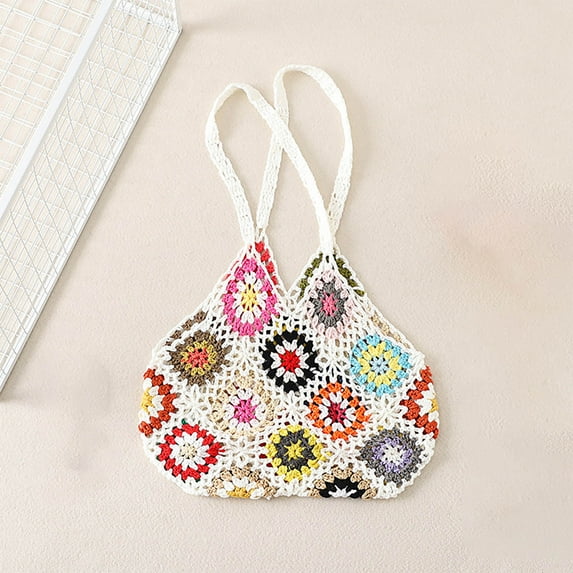 Luxalzxs Boho Bag Crochet Cute Multicolor Hollow Out Handbag Vintage Knitted Bag for Beach Shoulder Bags Knitted Tote Bag Woven Top Handle Purse Summer Vacation Beach Bag