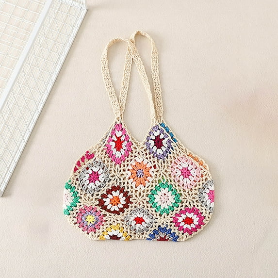 Luxalzxs Boho Bag Crochet Cute Multicolor Hollow Out Handbag Vintage Knitted Bag for Beach Shoulder Bags Knitted Tote Bag Woven Top Handle Purse Summer Vacation Beach Bag