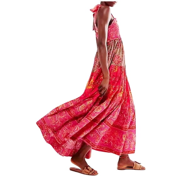 Luxalzxs Boho Dresses for Women 2024 Maxi Summer Casual Sleeveless Spaghetti Strap Long Floral Dress A Line Flowy Beach Sundresses Wedding Guest Dress