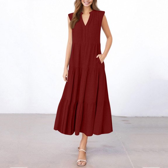 Luxalzxs Boho Dresses for Women 2025 Summer Casual Flowy Maxi Sundresses Sleeveless V-Neck Pleated Beach Vacation Tank Dress Wedding Guest Dress