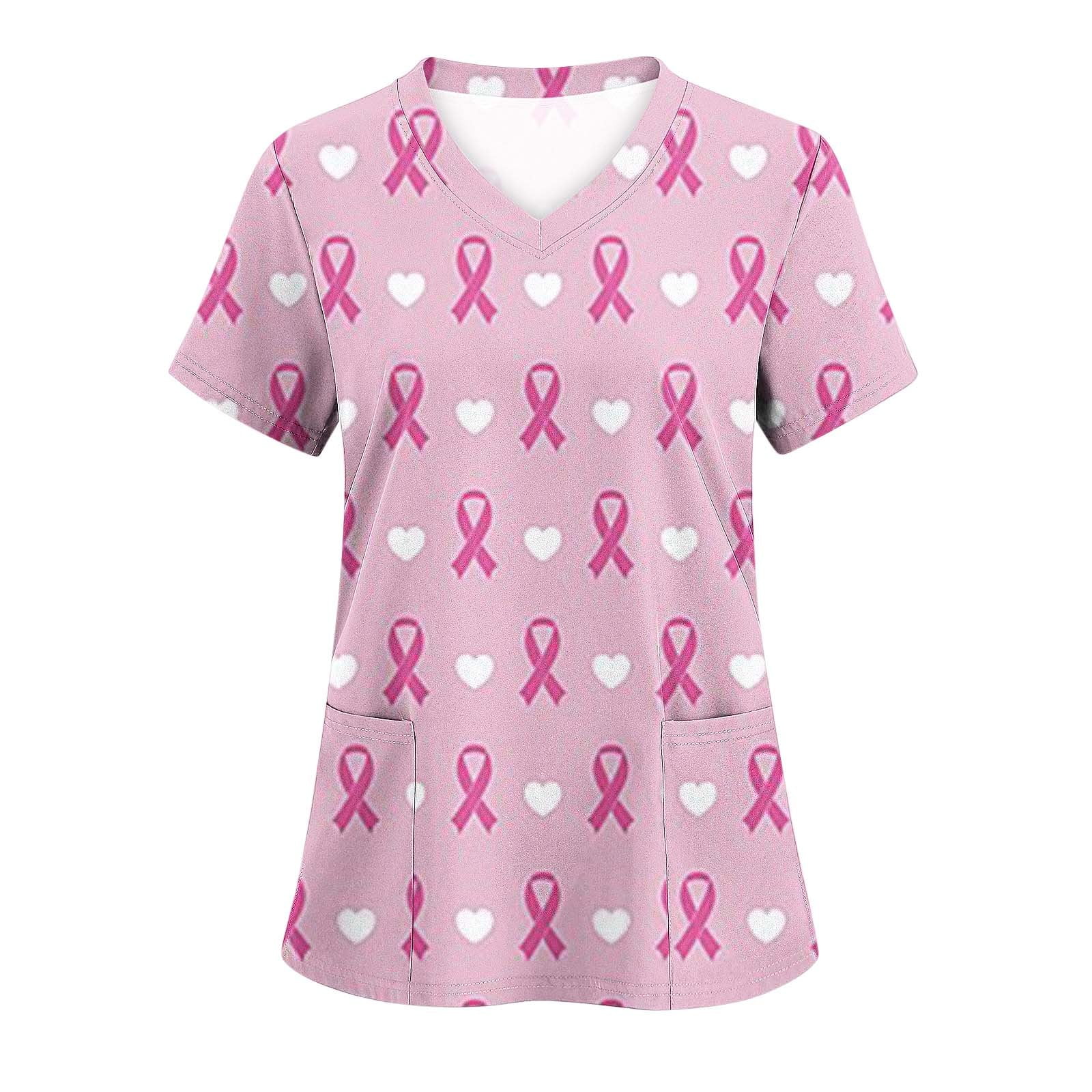 Luxalzxs Breast Cancer Awareness Scrub Tops for Women Pink Ribbon Print ...