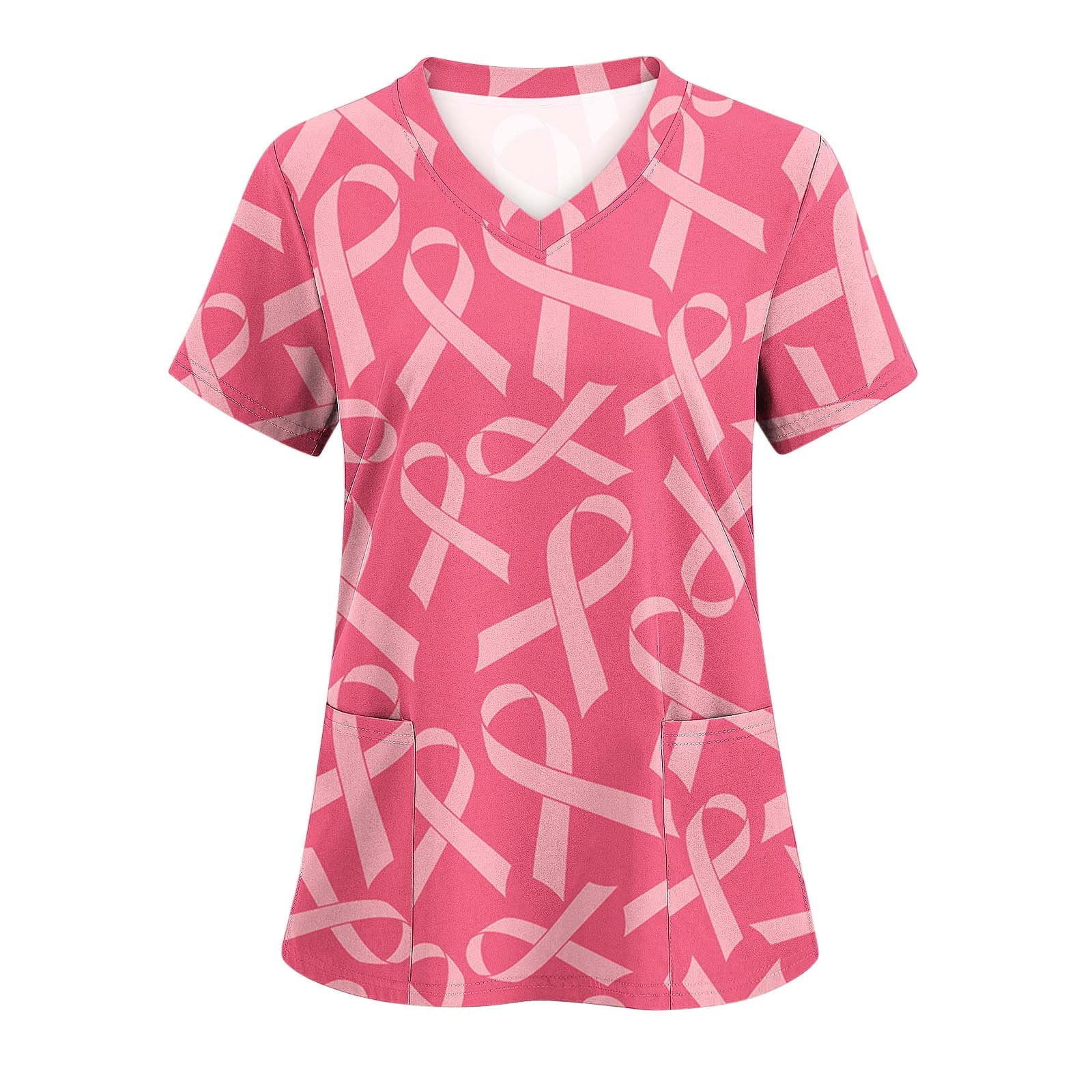 Luxalzxs Breast Cancer Awareness Scrub Tops for Women Pink Ribbon Print ...