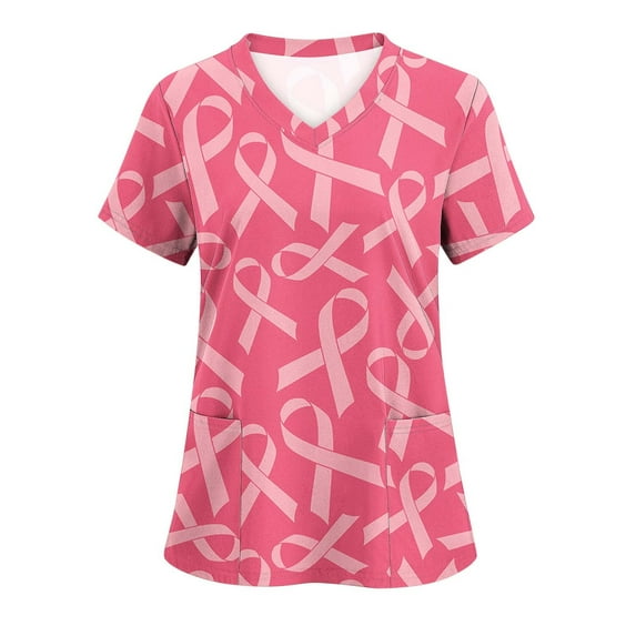 Luxalzxs Breast Cancer Awareness Scrub Tops for Women Pink Ribbon Print Short Sleeve V Neck Nurse Working Uniform with Pocket, Stretchy Holiday Medical Tops Inspirational T-Shirt Workwear