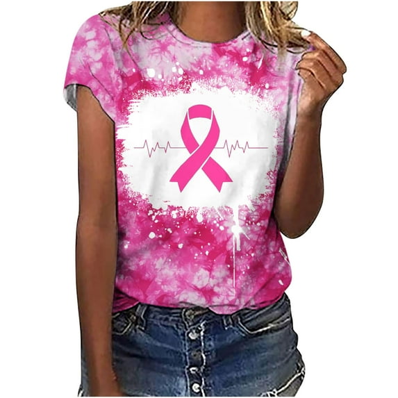 Luxalzxs Breast Cancer Awareness Shirts Women Pink Ribbon T-Shirt Cancer Fight Tees Casual Short Sleeve Round Neck Inspirational Tops Shirt