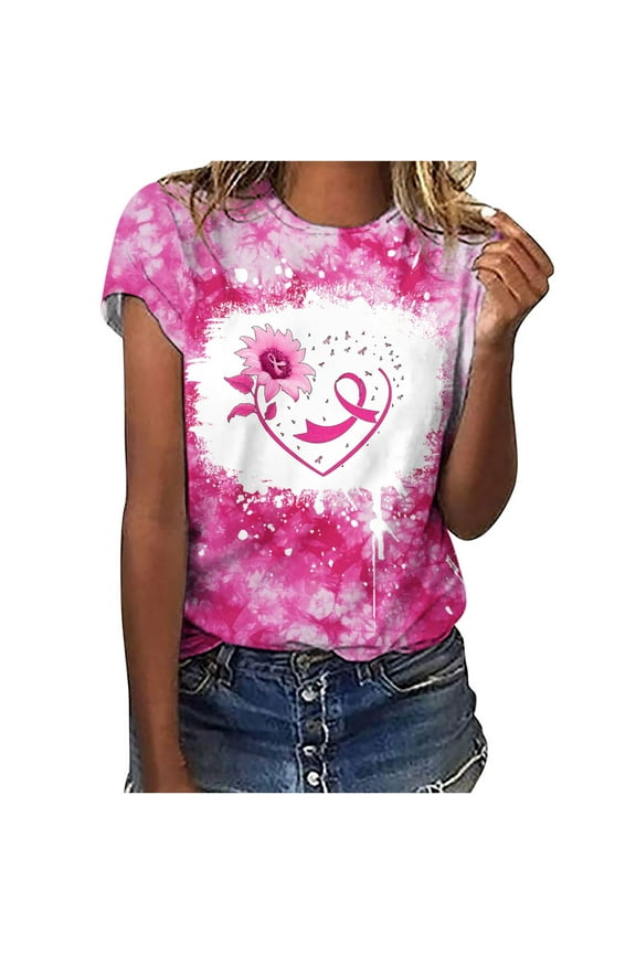 Luxalzxs Breast Cancer Awareness Shirts Women Pink Ribbon T-Shirt Cancer Fight Tees Casual Short Sleeve Round Neck Inspirational Tops Shirt
