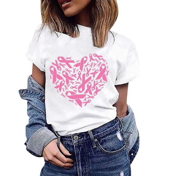 Luxalzxs Breast Cancer Awareness Shirts for Women Cancer Fighter Tee Pink Ribbon Graphic Crewneck Short Sleeve Top