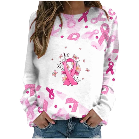 Luxalzxs Breast Cancer Awareness Sweatshirt for Women Pink Ribbon Print Breast Cancer Survivor Pullover Crewneck Sweatshirt