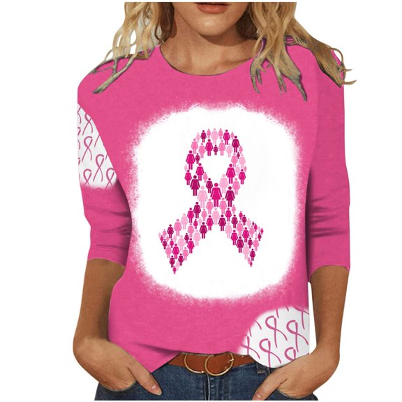 Luxalzxs Breast Cancer Awareness T Shirt for Women Pink Ribbon Print 3/4 Length Sleeve Round Neck Tops Cancer Fight Inspirational Tee