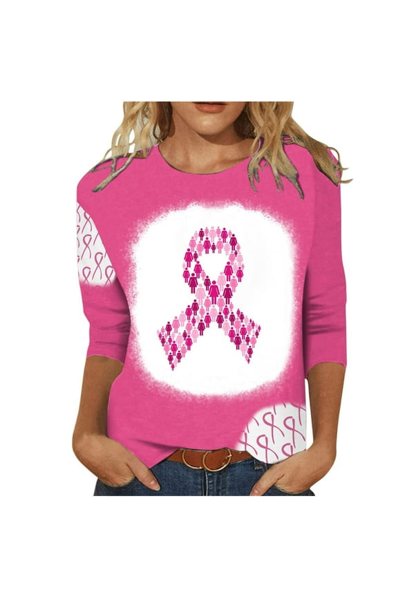 Luxalzxs Breast Cancer Awareness T Shirt for Women Pink Ribbon Print 3/4 Length Sleeve Round Neck Tops Cancer Fight Inspirational Tee