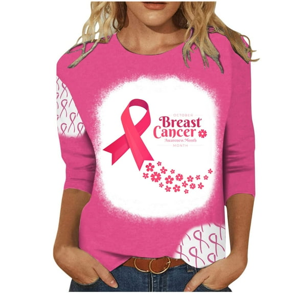 Luxalzxs Breast Cancer Awareness T Shirt for Women Pink Ribbon Print 3/4 Length Sleeve Round Neck Tops Cancer Fight Inspirational Tee