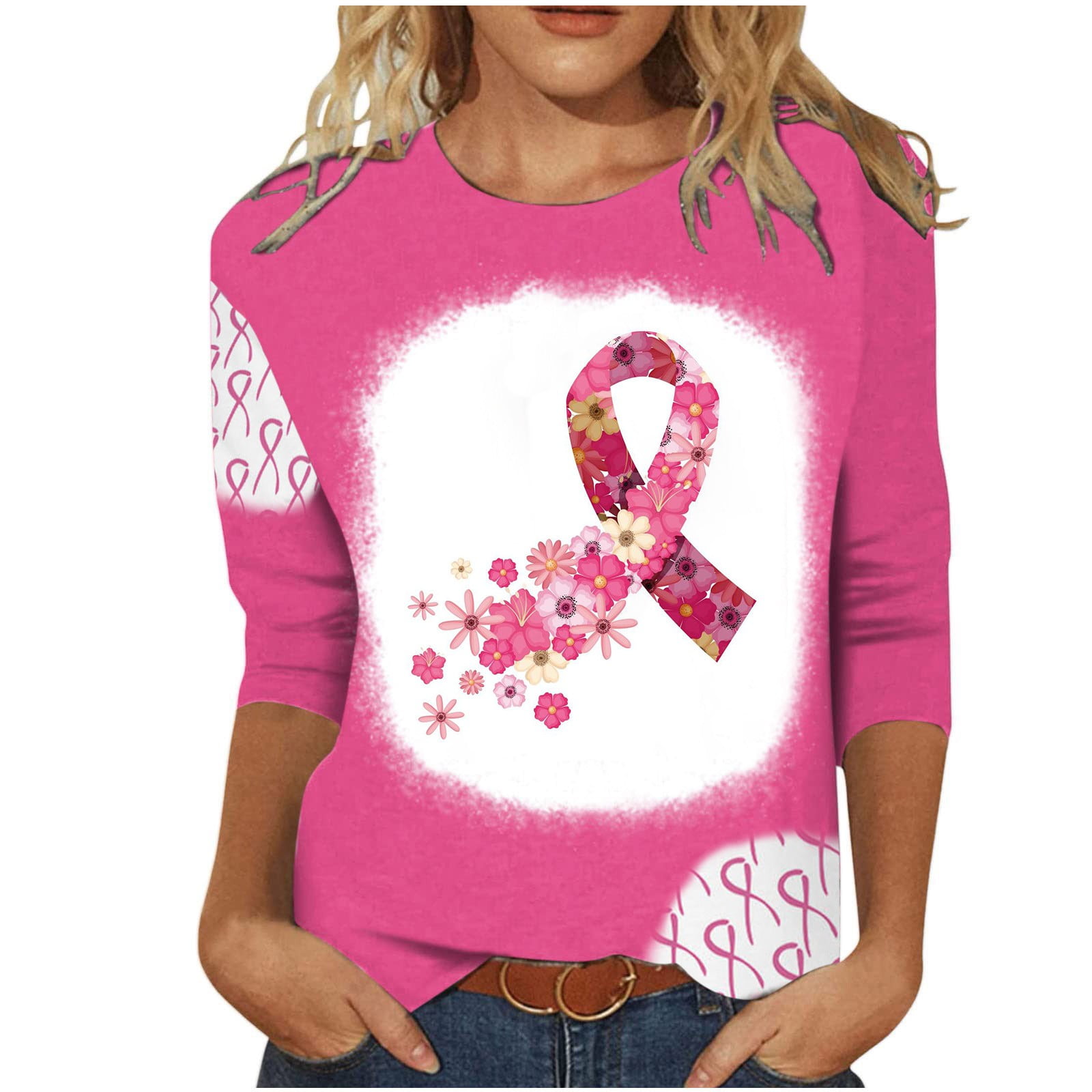 Luxalzxs Breast Cancer Awareness T Shirt for Women Pink Ribbon Print 3/ ...