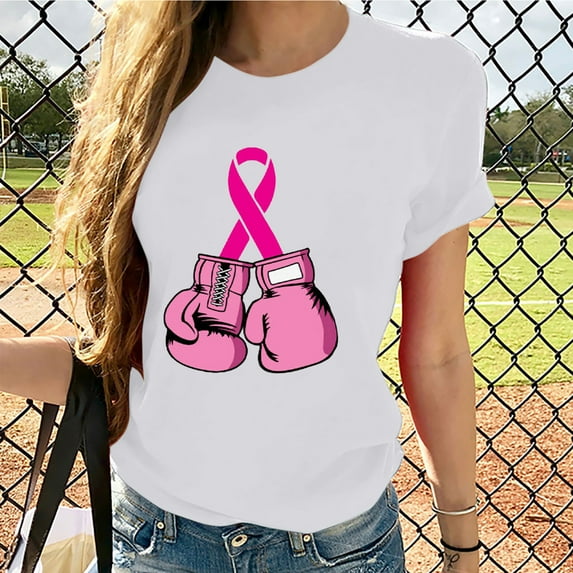 Luxalzxs Breast Cancer Shirts for Women Pink Ribbon Boxing Gloves Print Fighting Awareness Tops Cancer Survivor Gifts