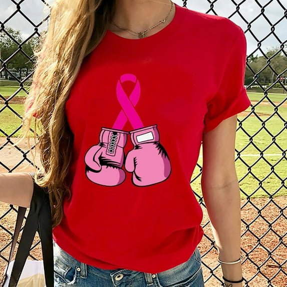 Luxalzxs Breast Cancer Shirts for Women Pink Ribbon Boxing Gloves Print Fighting Awareness Tops Cancer Survivor Gifts
