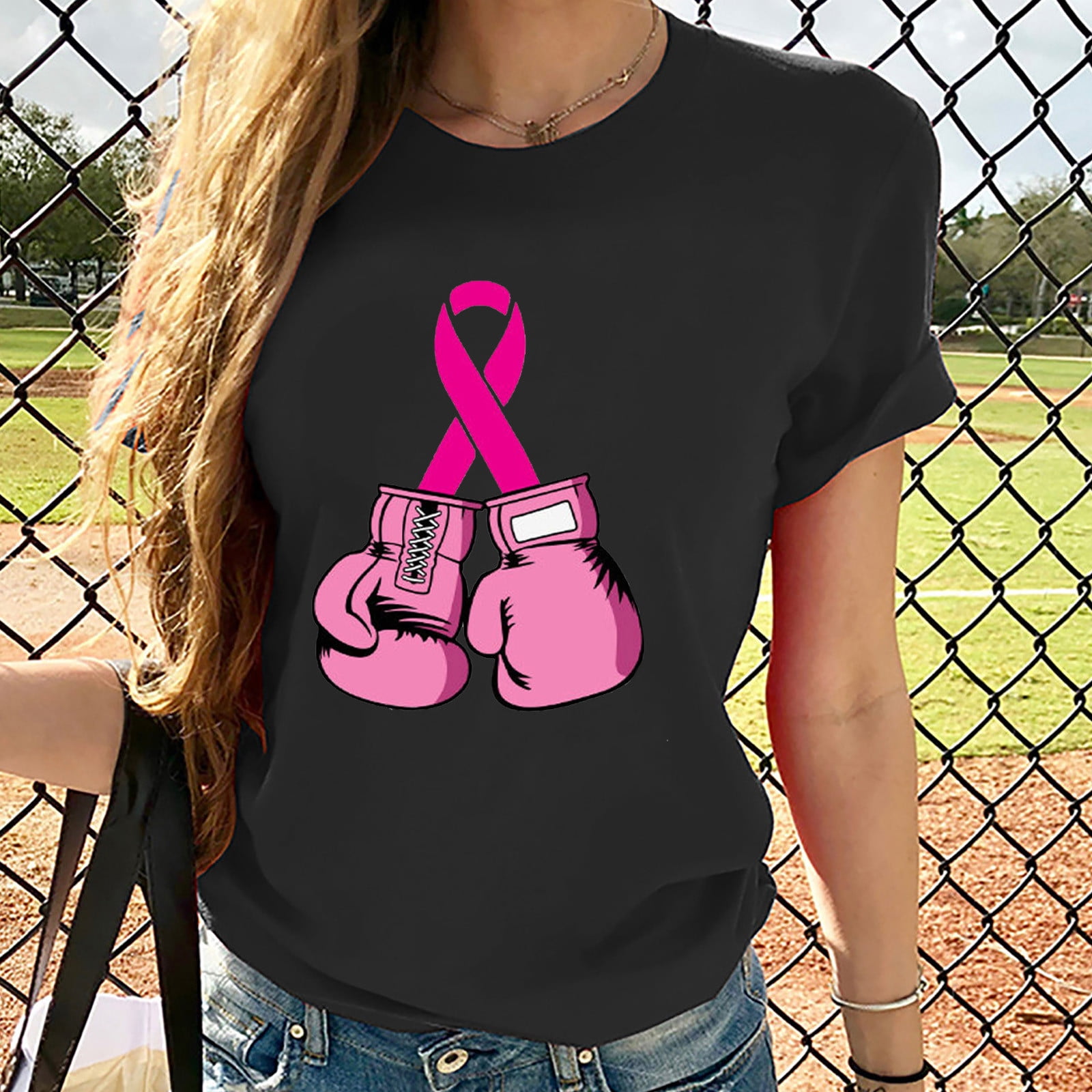 Luxalzxs Breast Cancer Shirts for Women Pink Ribbon Boxing Gloves Print ...