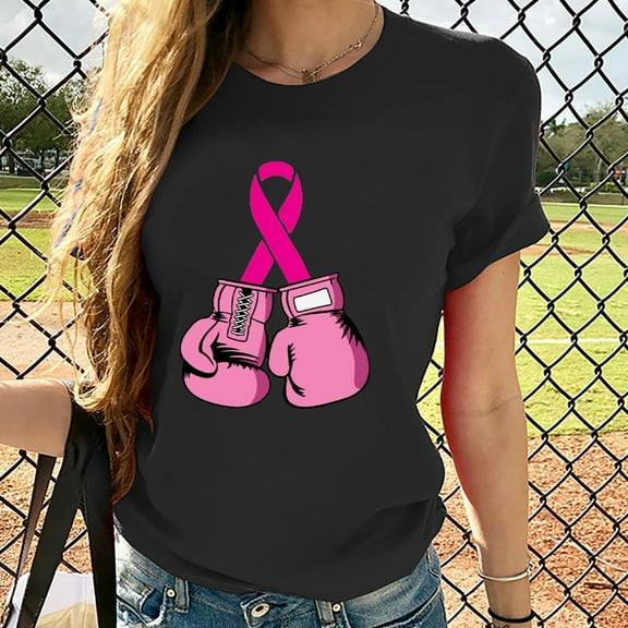 Luxalzxs Breast Cancer Shirts for Women Pink Ribbon Boxing Gloves Print Fighting Awareness Tops Cancer Survivor Gifts